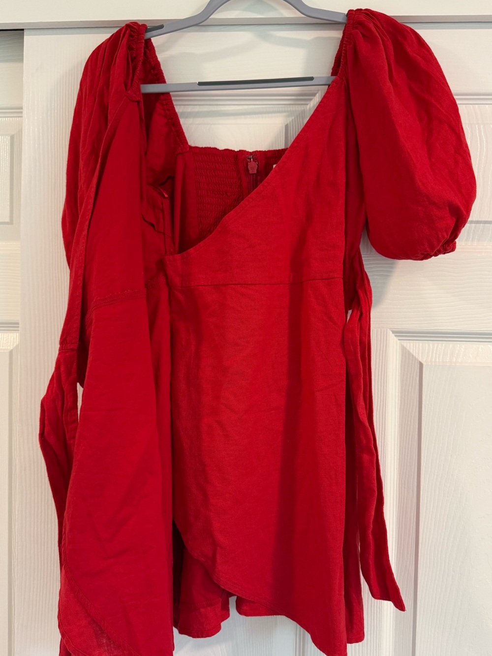 Abercrombie & Fitch Linen Red Puff-Sleeve Wrap Dress - Picture 7 of 7
